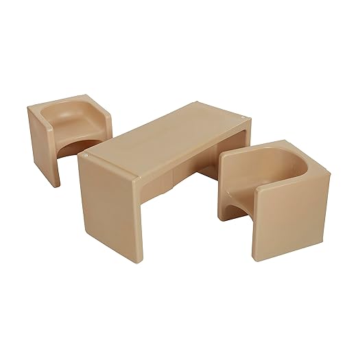 ECR4Kids Tri-Me Table and Cube Chair Set, Multipurpose Furniture, Sand, 3-Piece