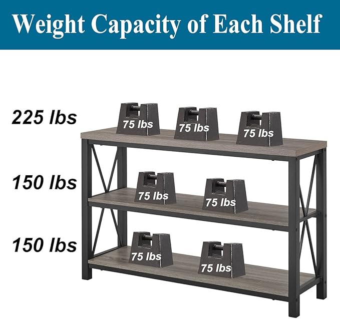 BON AUGURE Rustic Sofa Table Behind Couch, Industrial Console Tables for Entryway, 3 Tier Wood Shelves Entry Table with Storage for Foyer, Hallway, Front Door (47 Inch, Dark Grey Oak)