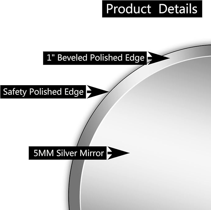 30" Frameless Round Beveled Mirror, 1" Polished Edge Beveled Circle Bathroom Mirror for Wall, Vanity, Entryways