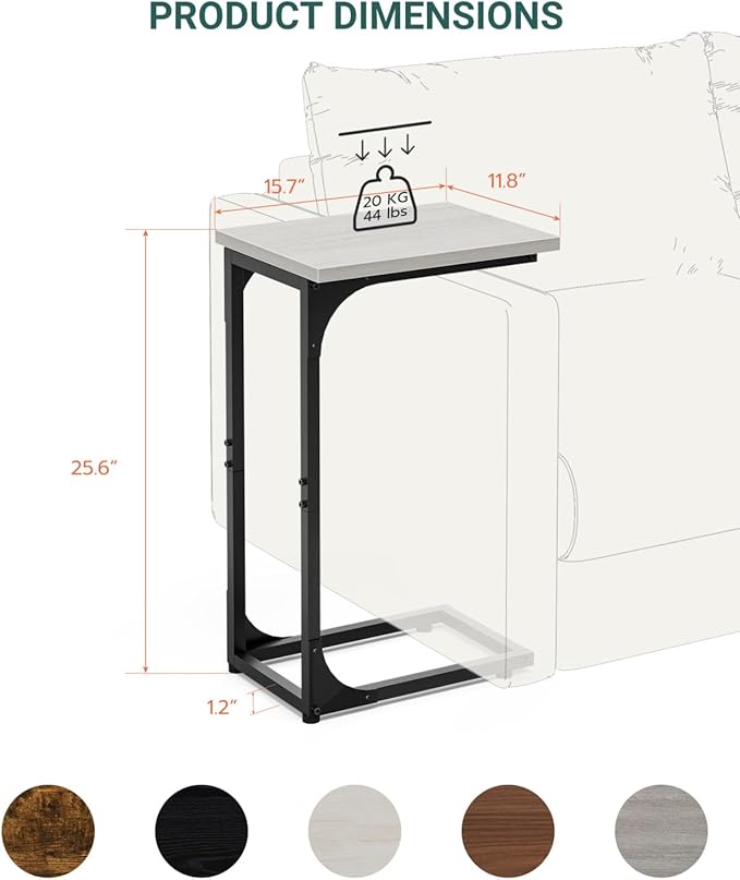C-Shaped Side Table for Couch - Small Coffee Stand Sofa Tray Desk with Metal Frame and Waterproof Scratch Resistant, Modern End Accent for Living Room, Bedroom, Small Spaces, Greige