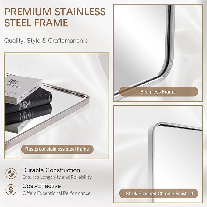 ANDY STAR 36x36 Inch Chrome Mirrors for Bathroom, Chrome Square Bathroom Vanity Mirror, Rounded Mirror, Anti-Rust SUS304, Seamless Tube Metal Frame, 1’’ Deep Wall Mounted Vertically/Horizontal