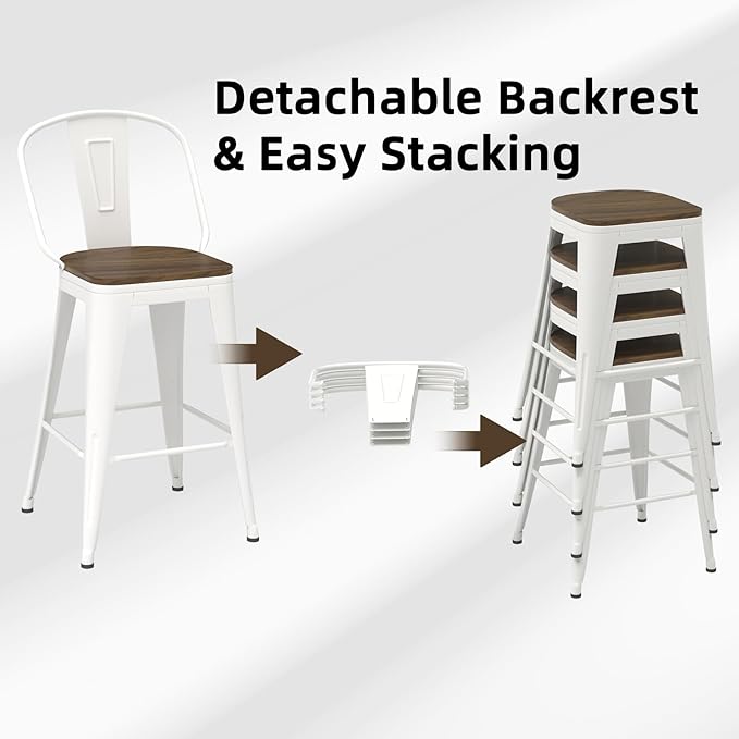 24” Swivel Bar Stools Set of 4, Counter Height Bar Stools Wooden Seat, Metal Industrial Bar Chairs with High Back for Kitchen Island (White)