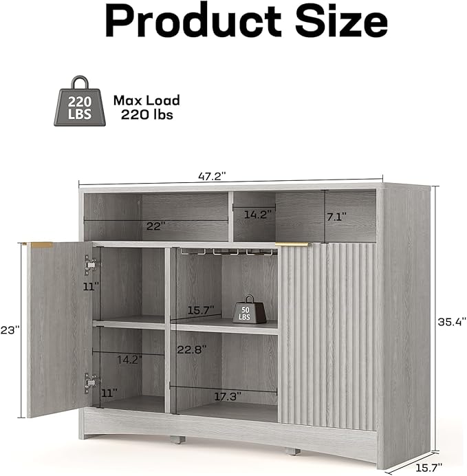 Marsail 47.2" Bar Cabinets with Storage, Modern Buffet Cabinet, Large Sideboard with 2 Fluted Panel Doors, Coffee Bar Cabinet with Adjustable Shelf and Glass Rack for Kitchen, Living Room, Grey