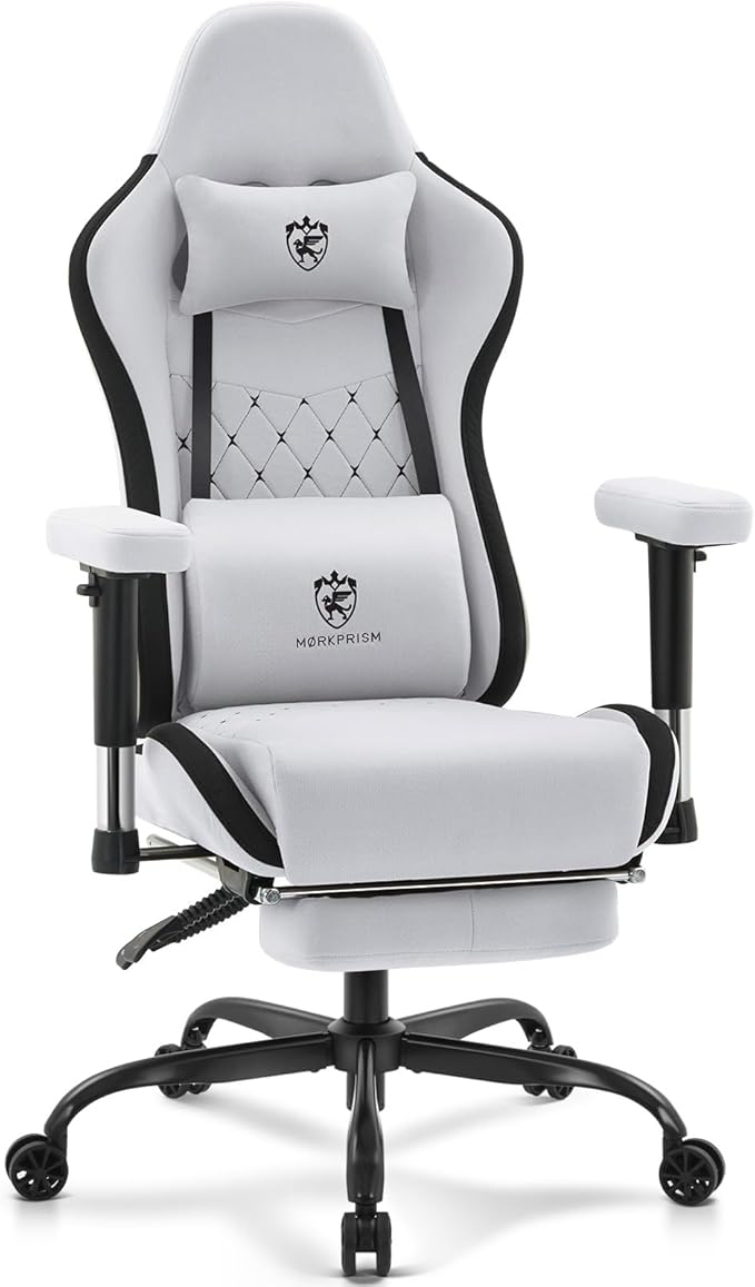 Gaming Chair Breathable Fabric,Computer Office Chair with Footrest,Massage Lumbar Support and Gel Pad,Ergonomic Reclining Gamer Chair with Adjustable Armrests and Spring Cushion Grey Black