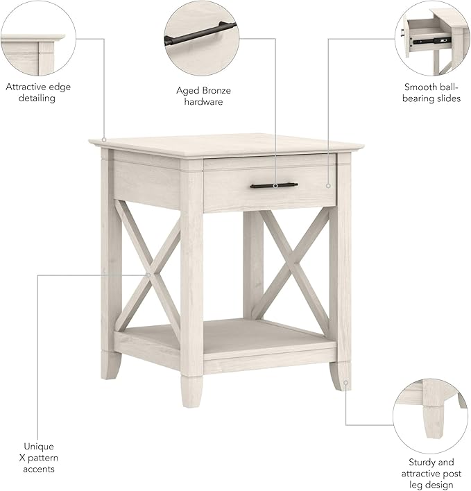 Bush Furniture Key West Small End Table with Storage | Modern Farmhouse Accent Shelf for Living Room in Linen White Oak