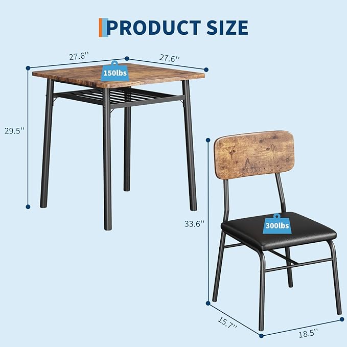 GarveeHome Dining Table for 2 with Storage Rack, Small Kitchen Table for 2 with Metal Frame, Square Table with Upholstered Chairs Set of 2, 3-Piece Dining Room Set for Small Space, Apartment, Brown