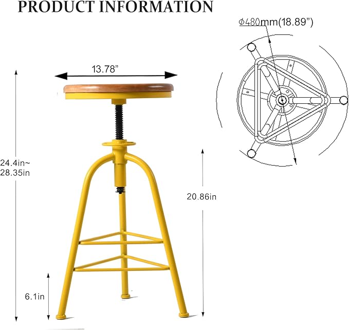 Topower Antique Industrial Design Metal Adjustable Height Bar Stool Kitchen Dining Breakfast Chair Wood Seat Counter Stool Set of 2