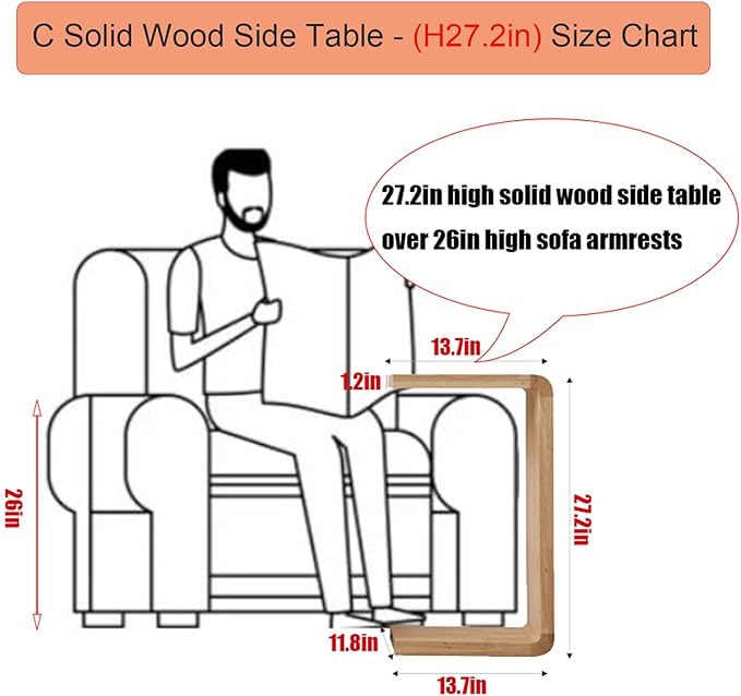 C Shaped End Table, Solid Wood C Side Table for Couch Sofa and Bed, Sofa Tables That Slide Under for Space Saving, Small Snack C Tables for Living Room Bedroom (H 27.2″ - Wood, 2)