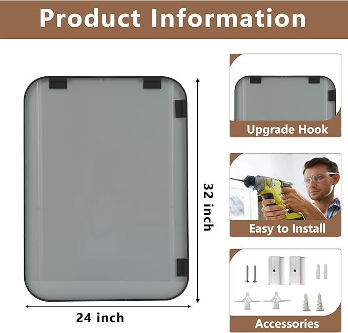 Matte Black Mirror, 24"x32" Rectangle Bathroom Mirror, Metal Frame Rectangle Corner Vanity Mirror, Wall Mounted Mirror for Modern, Living Room, Bedroom, Horizontal Or Vertical