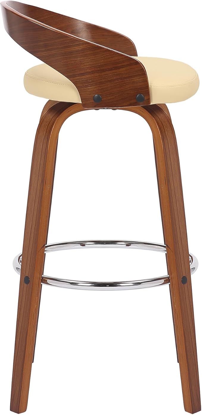 Armen Living Sonia 30" Bar Height Swivel Cream Faux Leather and Walnut Wood Bar Stool - Set of 4