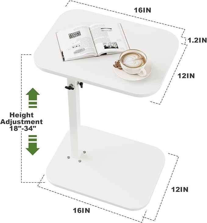 C Shaped End Table for Couch, Adjustable Height Couch Side Table, Horizontal 360°Swivel Small TV Tray Table Couch Side Tables That Slide Under (White)