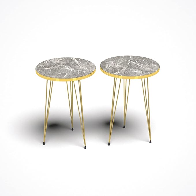 PAK HOME - Set of 2 End Table - High Gloss Shiny Grey Marble Look Round Wood Sofa Side Coffee Tables for Small Spaces, Nightstand Bedside Table with Gold Metal Legs for Bedroom, Living Room