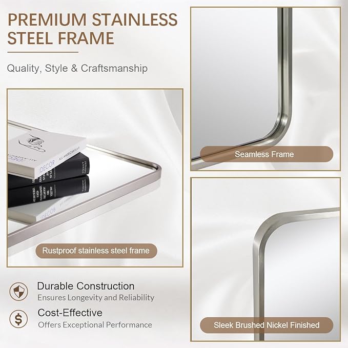 ANDY STAR Brushed Nickel Bathroom Mirror, 30x36’’ Rounded Corner Rectangle Nickel Mirror Bathroom Vanity Mirror Tube Metal Framed, SUS304-Anti-Rust Wall-Mounted Horizontal/Vertical 1’’ Deep