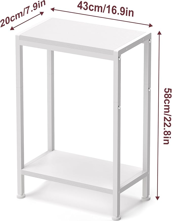 Narrow Side Table for Small Space, 2-Tier Small End Table with Shelf Holder, Slim Nightstand, Skinny Snack Couch Table in Living Room, Bedroom, Study, Kitchen and Balcony (White)