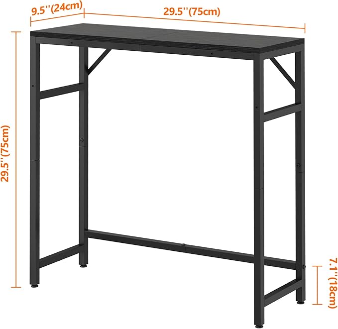 Narrow Console Table for Entryway, 29.5” Entryway Table with Shelf, Industrial Thin Sofa Table with 2 Support Bars Behind Couch, Display Tables for Living Room, Bedroom, Foyer, Black