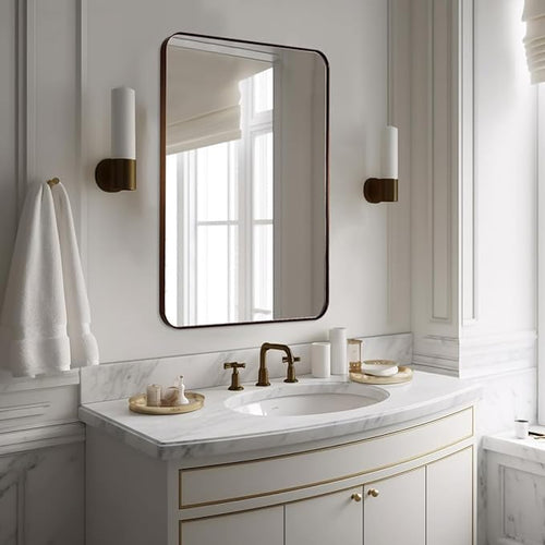 24x36 Inch Brushed Bronze Bathroom Mirror for Wall, Metal Framed Rectangle Mirror with Rounded Corner, Bathroom Vanity Mirror in Aluminum Alloy, Hangs Horizontally or Vertically