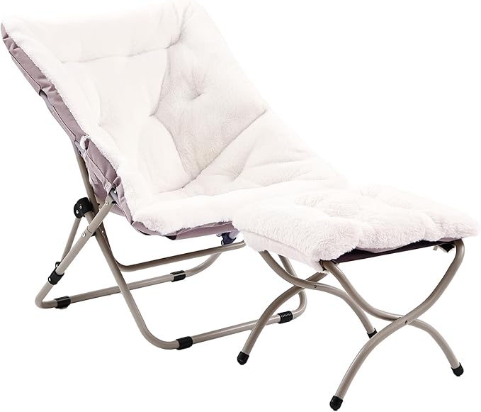 Comfy Folded Chair with Ottoman, Oversized Folding Faux Fur Chair Soft Furry Lounge Lazy Chair with Metal Frame Moon Chair Accent Chair for Bedroom, Living Room, Dorm Rooms