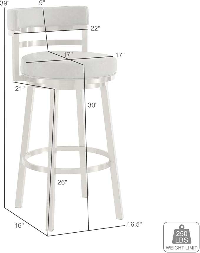 Armen Living Madrid 30" Seat Height Swivel Modern White Faux Leather and Gold Brushed Stainless Steel Bar Stool for Kitchen Island Counter