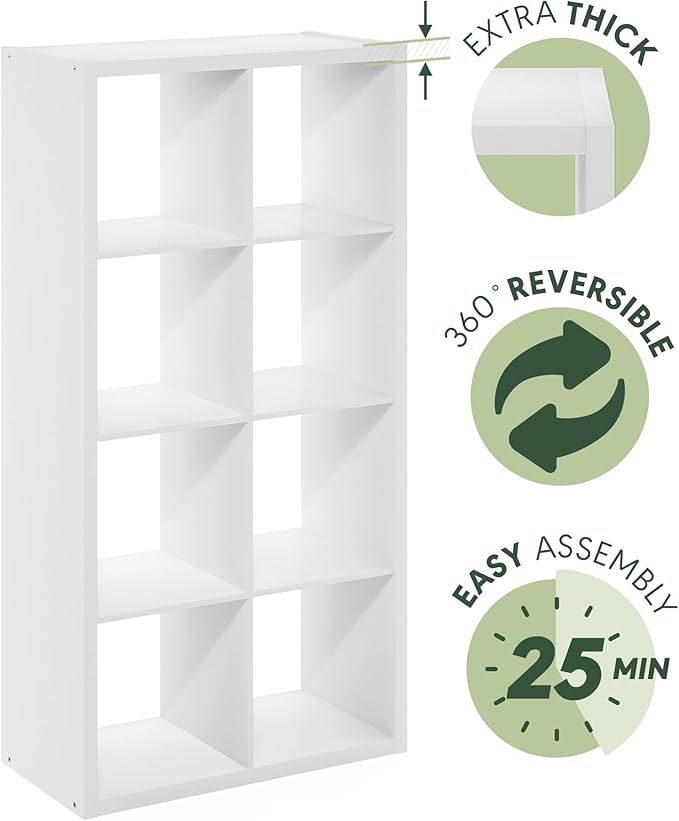 Furinno Cubicle Open Back Decorative Cube Storage Organizer, 8-Cube, White