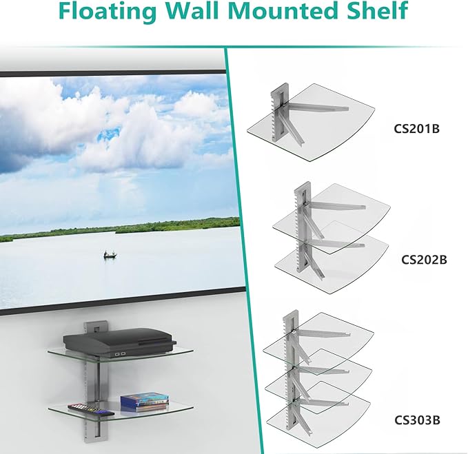WALI Floating Entertainment Center Shelves, Holds Up to 17.6lbs, TV Shelf with Strengthened Tempered Glasses for DVD Players, Cable Boxes, Games Consoles, TV Accessories (CS202S), 2 Shelf, Silver