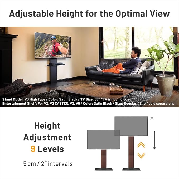 WALL V3 High Type | Sleek 32-80 Inch Universal Ultra Thin TV Stand | Satin Black | for Living Room and Bedroom, Space Saving, Adjustable Mount, No Drill, Japan-Engineered Design