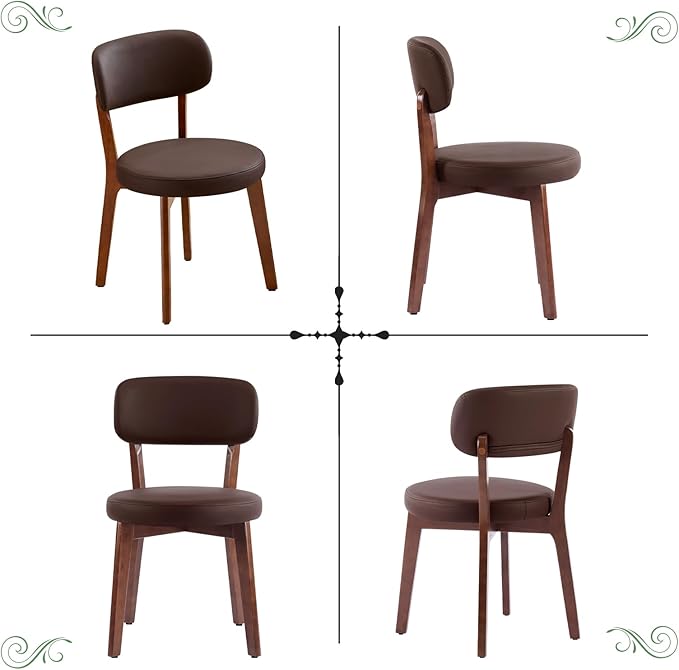 Furniliving Wooden Dining Chairs Set of 4, Mid-Century Modern Leather Upholstered Kitchen Chair with Solid Oak Wood, Farmhouse Dining Room Chairs, Brown