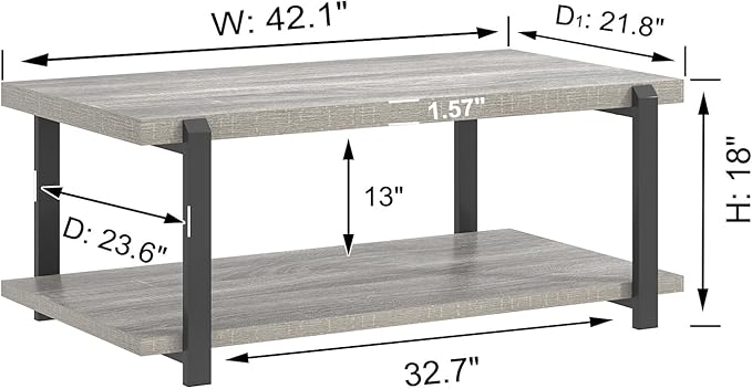 FOLUBAN Rustic Coffee Table, Modern Wood Center Table for Living Room, Industrial 2 Tier Rectangle Low Cocktail Tea Table with Storage Shelf, Light Grey