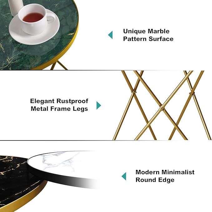HLR Modern Round Side Table, End Table with Marble Effect Top and Gold Metal Frame, Small Side Table for Living Room, Bedroom, Sofa and Couch, Gold Legs, Green Marble top