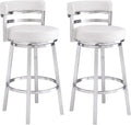 Armen Living Madrid 30" Seat Height Swivel White Faux Leather and Brushed Stainless Steel Bar Stool for Kitchen Island Counter, Set of 2