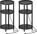 HOOBRO Set of 2 Small Round Side Tables with Charging Station, 3-Tier Round Bamboo End Tables, Easy Assembly, for Living Room, Bedroom, Apartment, Black BB152UBZP201