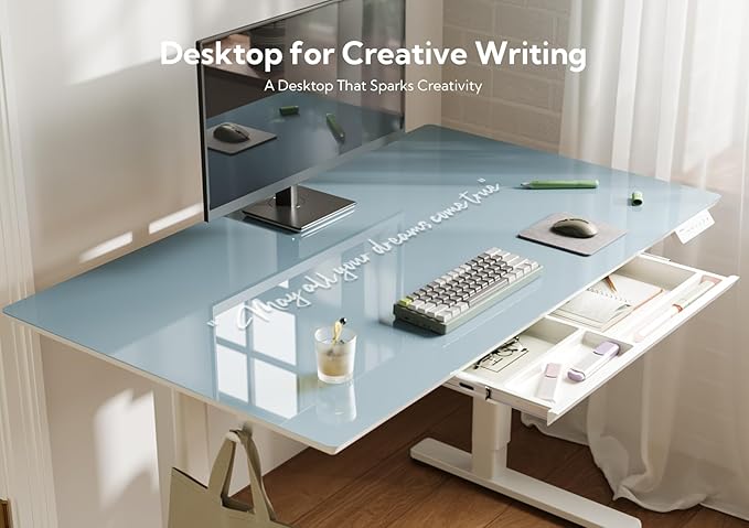 INNOVAR Glass Standing Desk with Drawers, Adjustable Height Electric Stand Up Desk, Small Standing Desks with Storage, 40 inch, Morandi Blue