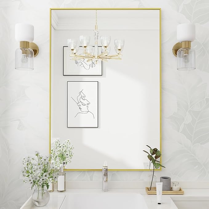 Koonmi Gold Rectangle Wall Mirror, 24x32 Inch Bathroom Mirror, Aluminum Frame Vanity Mirror for Entryway, Living Room, Bedroom Bathroom, Hangs Horizontally or Vertically