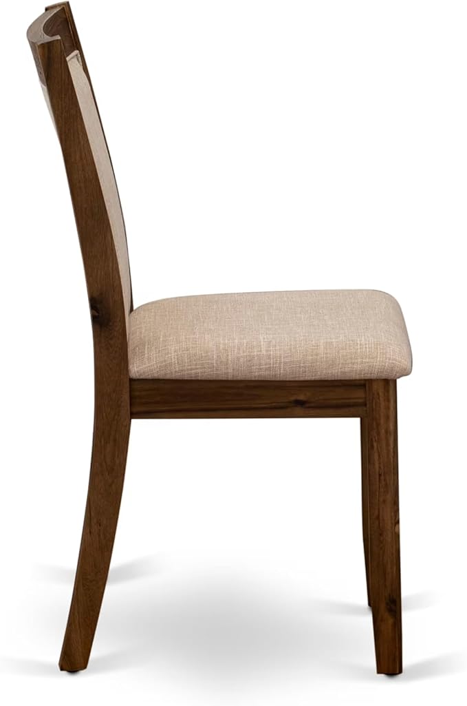 F3MZ5-50N-04 5-Pc Dining Room Set consists of a Pedestal Kitchen Table and 4 Light Tan Polyester Chairs with Padded Back - Antique Walnut