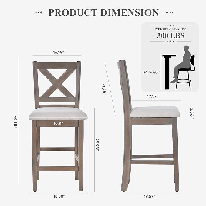 COLAMY Wooden Bar Stools Set of 2, Counter Height Bar Stools, Mid Century Modern Bar Stools with Backs, 25 Inch Upholstered Fabric Wooden Barstools for Kitchen Island Dining Room Bar, Light Brown Wash