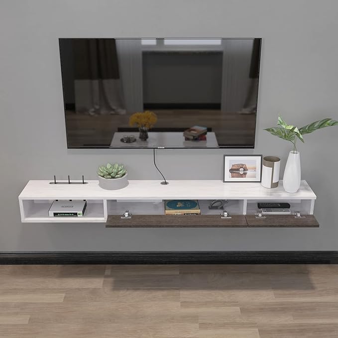 Pmnianhua Floating TV Shelf, 55'' Wall Mounted Floating TV Stand Unit Media Console Wall TV Console Cabinet Media Entertainment Shelf with 2 Doors for TVs up to 60 inch (Greyish-White)