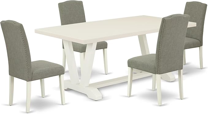 East West Furniture V027EN206-5 5 Piece Kitchen Table & Chairs Set Includes a Rectangle Dining Room Table with V-Legs and 4 Dark Shitake Linen Fabric Parsons Chairs, 40x72 Inch, Multi-Color