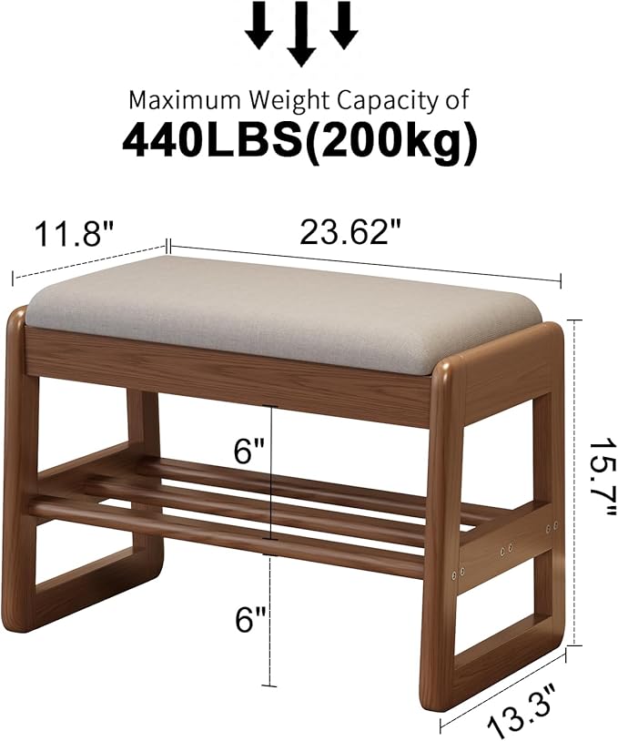 Small Shoe Bench with Cushion,2 Tiers Shoe Rack Bench with Flip-Top Storage,Wood Shoe Rack for Entryway（Walnut,23.62"）