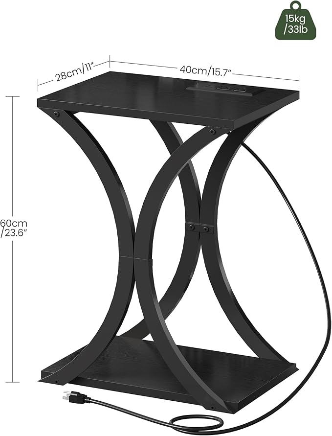 End Table with Charging Station, 2-Tier Modern Side Table, Nightstand with Storage Shelf, for Small Spaces, for Bedroom, Living Room, Home Office, Black TBZ20UBB