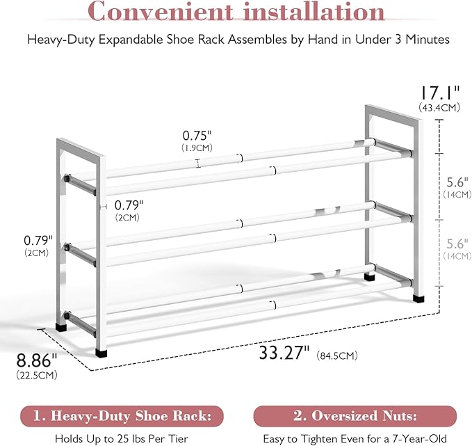 Bumusty 3-Tier Expandable Shoe Rack for Closet, 18“-33” Adjustable Shoe Rack for Small Space, Small Shoe Organizer for Front Door, Sturdy Metal, White