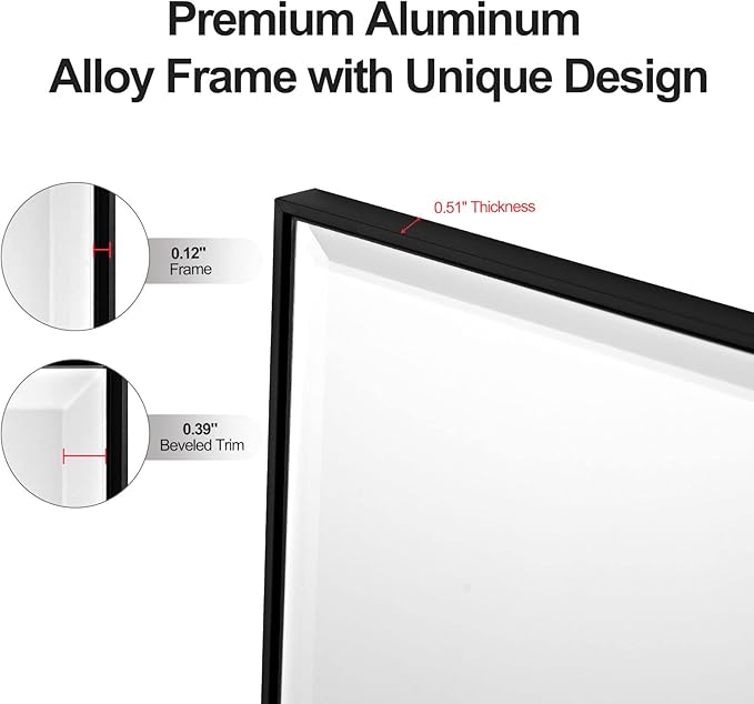 30x30 Inch Black Mirror with Beveled Trim, Aluminum Frame Bathroom Vanity Mirror, Copper-Free Mirror, Rectangle Wall Mounted Mirror, Modern Rectangular Mirror Horizontal or Vertical