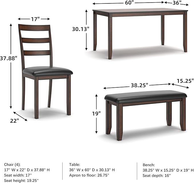 Signature Design by Ashley Coviar 6 Piece Dining Set, Includes Table, 4 Chairs & Bench, Dark Brown