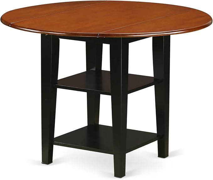 East West Furniture SUAN5-BCH-C 5 Piece Kitchen Table & Chairs Set Includes a Round Dining Table with Dropleaf & Shelves and 4 Linen Fabric Dining Room Chairs, 42x42 Inch, Black & Cherry