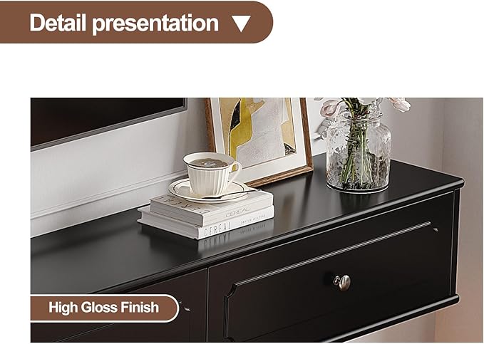 Retro Floating TV Console with 3 Doors,55'' High Gloss Floating TV Stand,Wall Mounted TV Cabinet,Contemporary Floating Media Console for Under TV Storage,Living Room,Bedroom(Black)