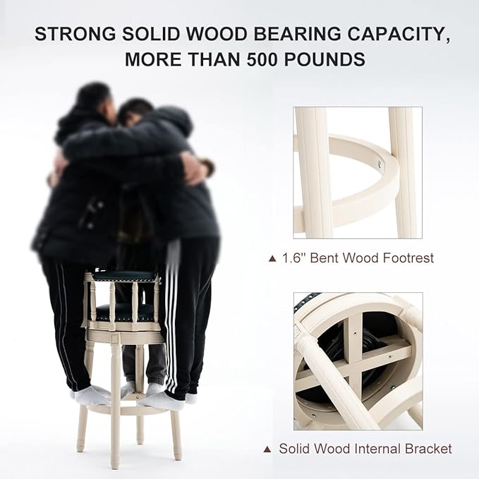 Cow top Leather Wooden Bar Stools, 360 Degree Swivel Bar Height Chair with Backs for Home Kitchen Counter, Morden Chair Barstools (Ivory Wood 2pcs-Blue Seat, Bar Height-Seat Height 29.5”)