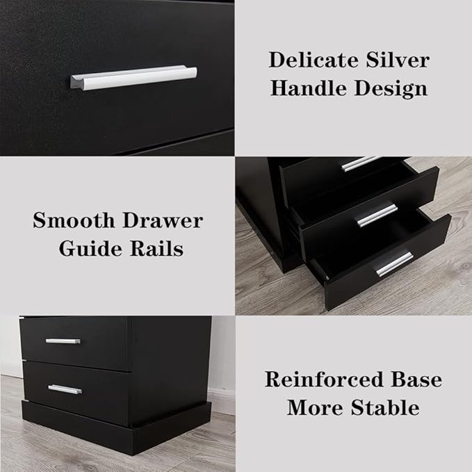 Black LED Nightstand with Charging Station, Side Table with 3 Drawers and Light, End Table with Open Storage, Beside Cabinet for Bedroom (Black 2 Set)