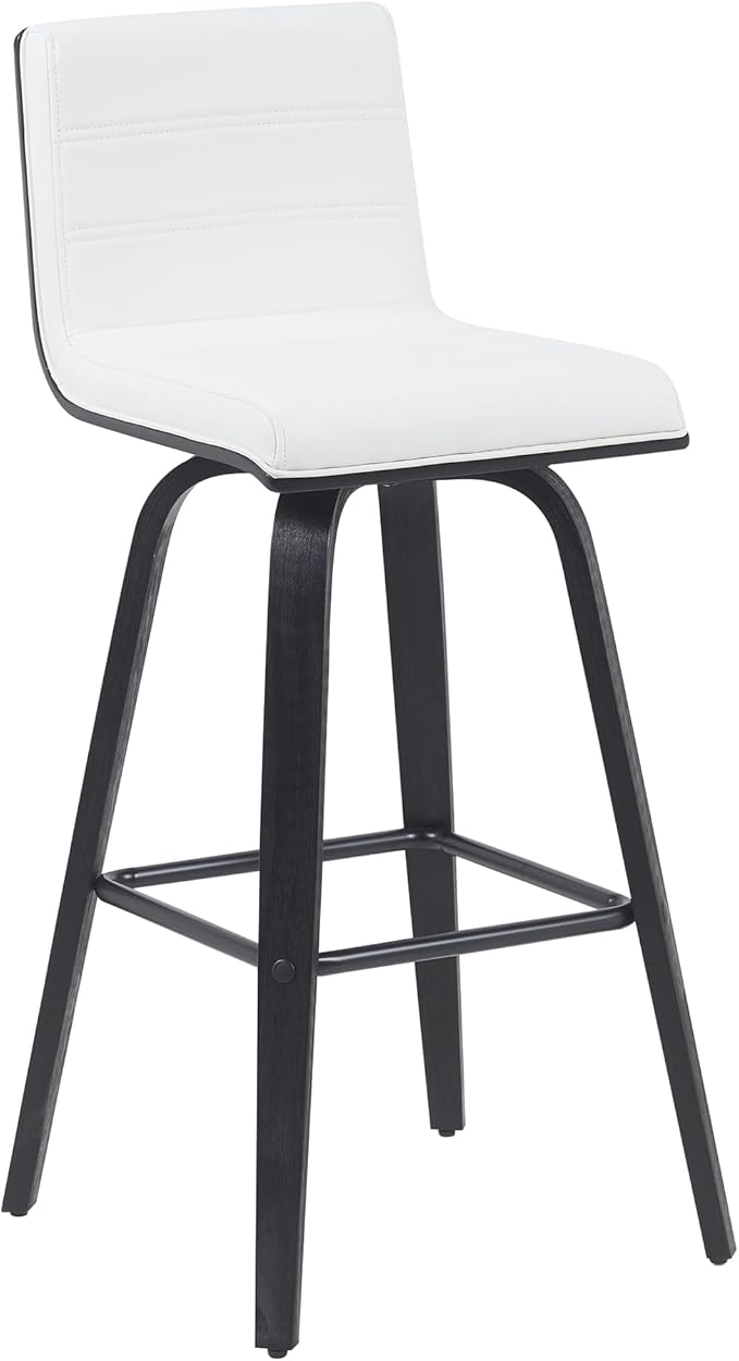 Armen Living Vienna Modern Swivel 30" Bar Height Barstool with White Faux Leather and Black Wood Finish