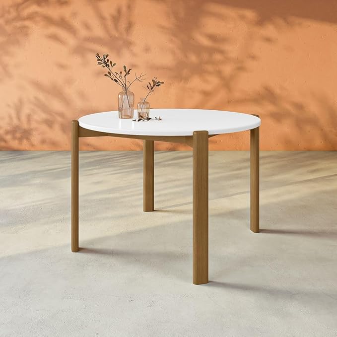 Manhattan Comfort Gales 46-Inch Mid Century Modern Round Dining Table for 2-4 Person, Minimalist Home Furniture with Solid Eucalyptus Wood Legs, Matte White