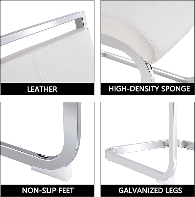 Dining Chairs Set, Kitchen Modern Metal Chairs with Faux Leather Padded Seat High Back and Sturdy Chrome Legs, Chairs for Dining Room (White, Set of 6)
