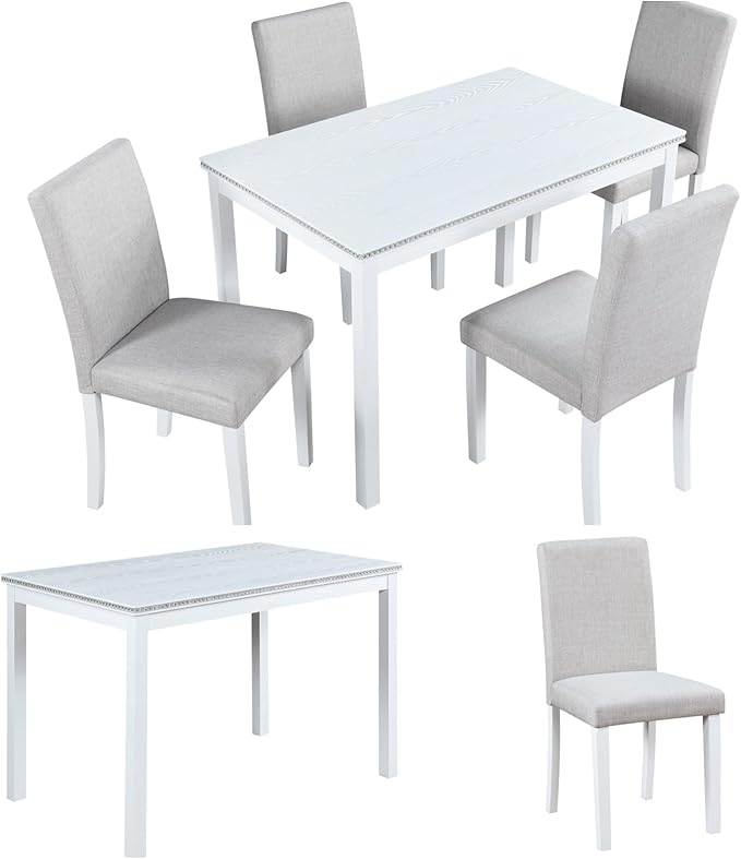 Dining Table Set, 5 Piece Counter Height Table Set with Rectangular Table and 4 Upholstered Chairs, Wooden Dinner Set with Crystal Decoration, Dining Chair with Footrest, Beige&White