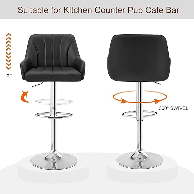 VECELO Barstools Set of 4, Counter Height Bar Stools Adjustable Stools with Back and Arm, Kitchen Island Stools Swivel Bar Chairs for Pub Dinning Room, Black